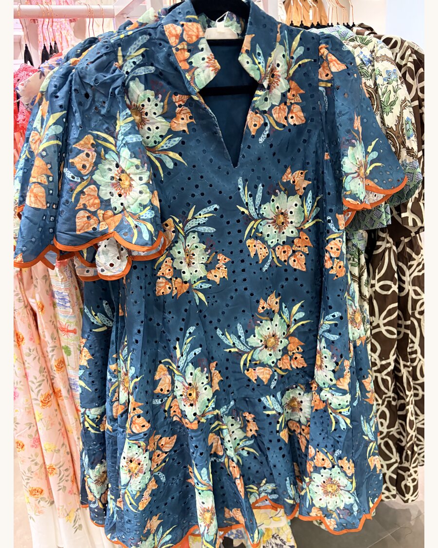 Blue floral eyelet tunic with scalloped trim
