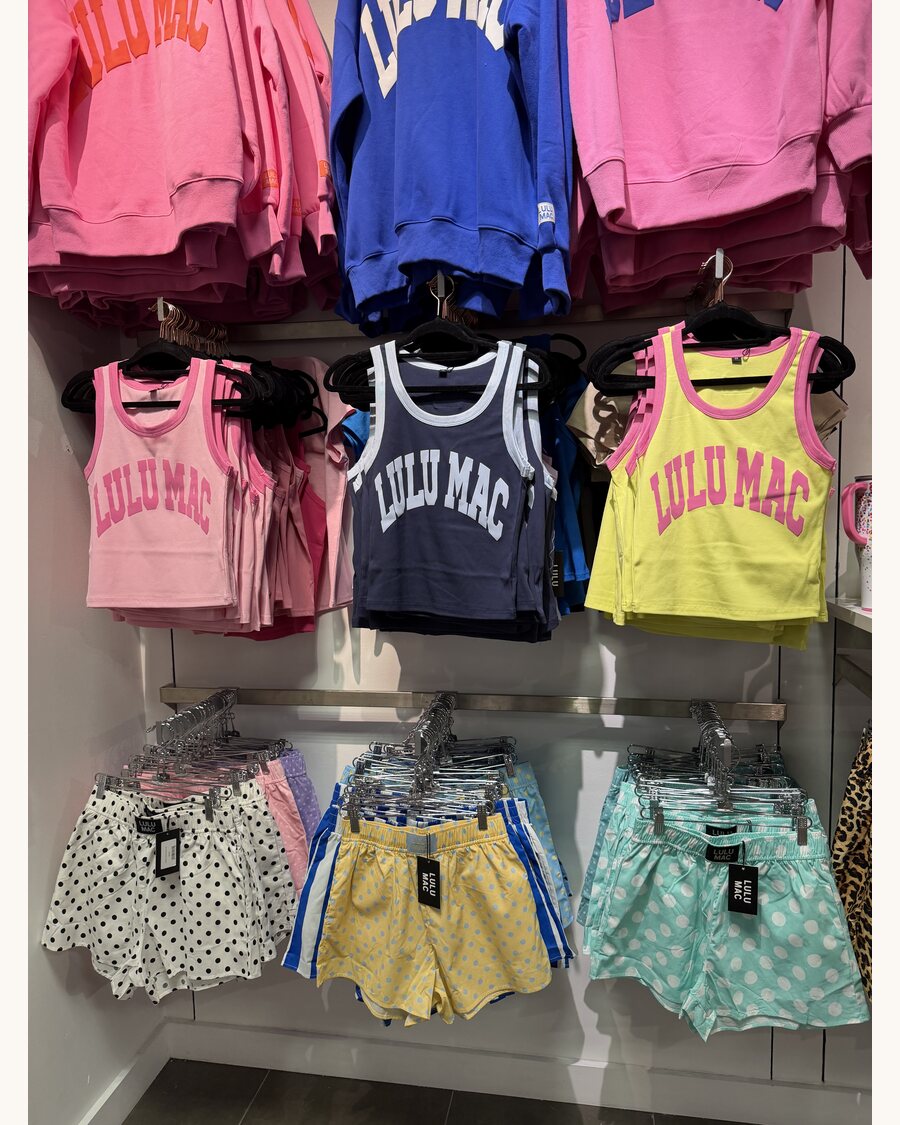 Colorful graphic tanks and printed shorts