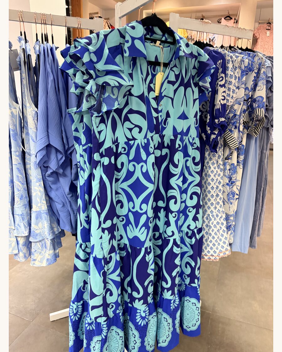Blue and turquoise tiered print dress