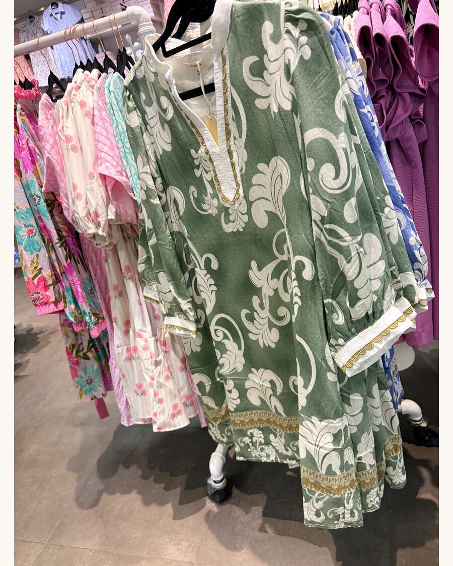Sage green tunic with white print and gold trim
